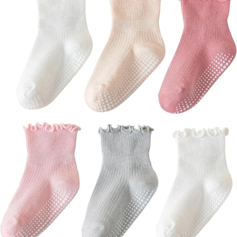 Girls' 6 Pairs Ruffle Turn-Cuff Socks - Soft Cotton, Non-Slip for Comfort